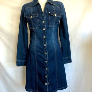 INC: Denim Dress: stretchy cotton blend with snap front, cuffs, breast pockets